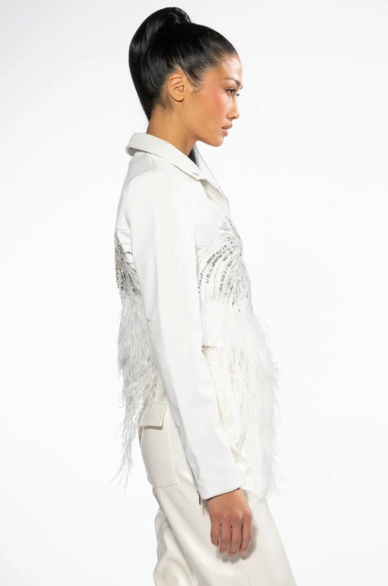 ELEVATED ELEGANCE HAND BEADED FEATHER TRIM MOTO JACKET - Image 5