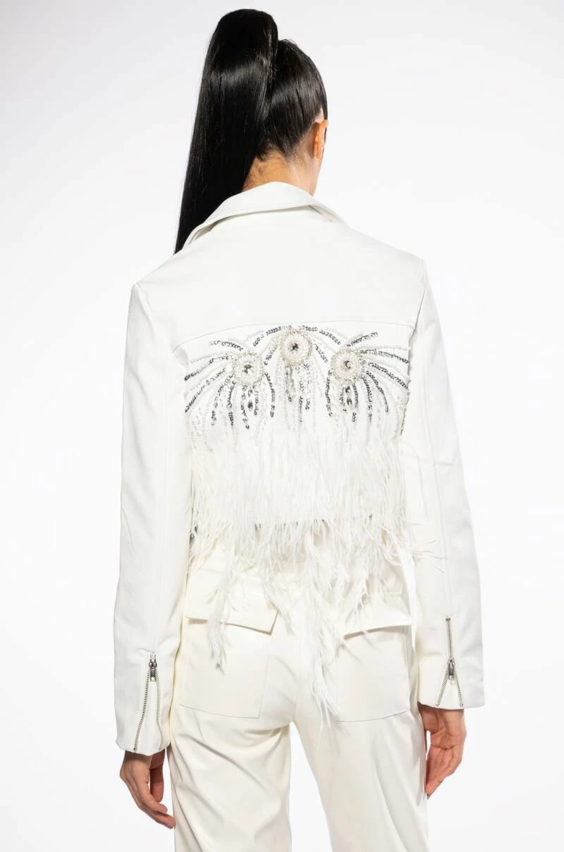 ELEVATED ELEGANCE HAND BEADED FEATHER TRIM MOTO JACKET - Image 6
