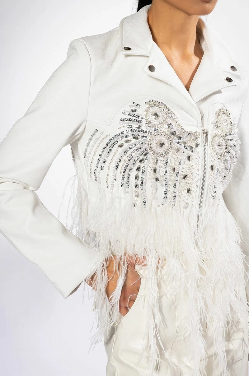 ELEVATED ELEGANCE HAND BEADED FEATHER TRIM MOTO JACKET - Image 7