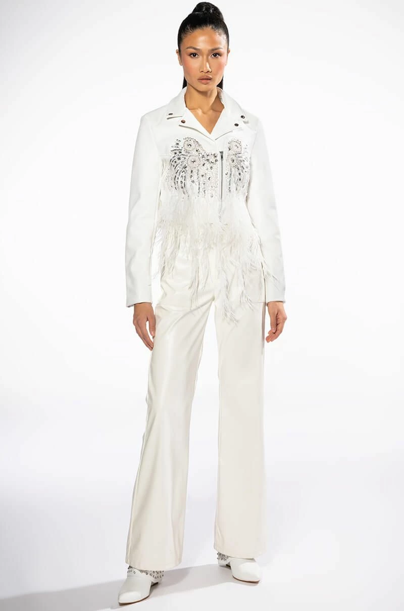 ELEVATED ELEGANCE HAND BEADED FEATHER TRIM MOTO JACKET - Image 8