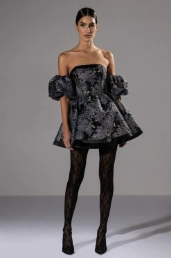 ELOISE OFF THE SHOULDER BROCADE MINI DRESS 10 ELOISE OFF THE SHOULDER BROCADE MINI DRESS -AKIRA Sales Shop eloise off the shoulder brocade mini dress black multi 3 3