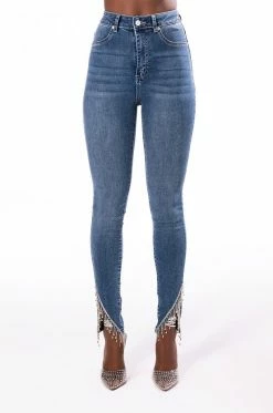 FLEX FIT EXTREME STRETCH HIGH RISE SKINNY JEANS WITH RHINESTONE ANKLE DETAILING -AKIRA Sales Shop flex fit extreme stretch high rise skinny jeans with rhinestone ankle detailing medium blue denim 3 3 c1