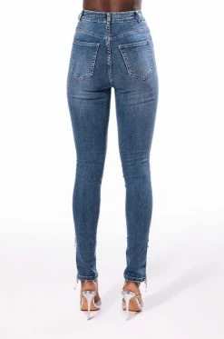 FLEX FIT EXTREME STRETCH HIGH RISE SKINNY JEANS WITH RHINESTONE ANKLE DETAILING -AKIRA Sales Shop flex fit extreme stretch high rise skinny jeans with rhinestone ankle detailing medium blue denim 5 5