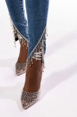 FLEX FIT EXTREME STRETCH HIGH RISE SKINNY JEANS WITH RHINESTONE ANKLE DETAILING -AKIRA Sales Shop flex fit extreme stretch high rise skinny jeans with rhinestone ankle detailing medium blue denim 6 6