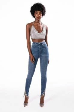 FLEX FIT EXTREME STRETCH HIGH RISE SKINNY JEANS WITH RHINESTONE ANKLE DETAILING -AKIRA Sales Shop flex fit extreme stretch high rise skinny jeans with rhinestone ankle detailing medium blue denim 7 7