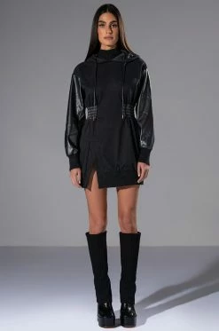 FOREVER YOUNG HOODED MINI DRESS IN BLACK -AKIRA Sales Shop forever young hooded mini dress in black black 3 3 c1