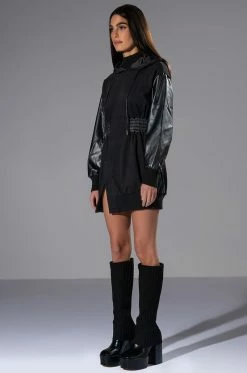 FOREVER YOUNG HOODED MINI DRESS IN BLACK -AKIRA Sales Shop forever young hooded mini dress in black black 4 4 c1