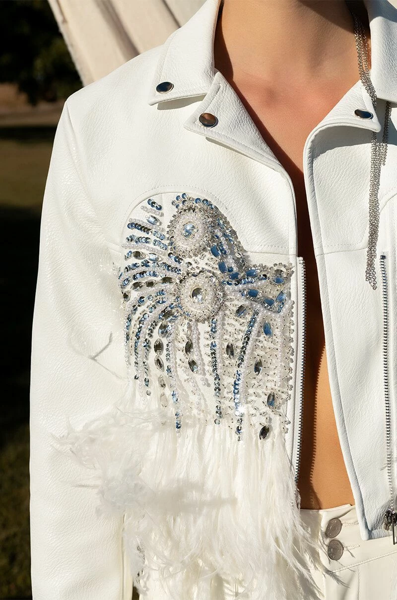 ELEVATED ELEGANCE HAND BEADED FEATHER TRIM MOTO JACKET - Image 3