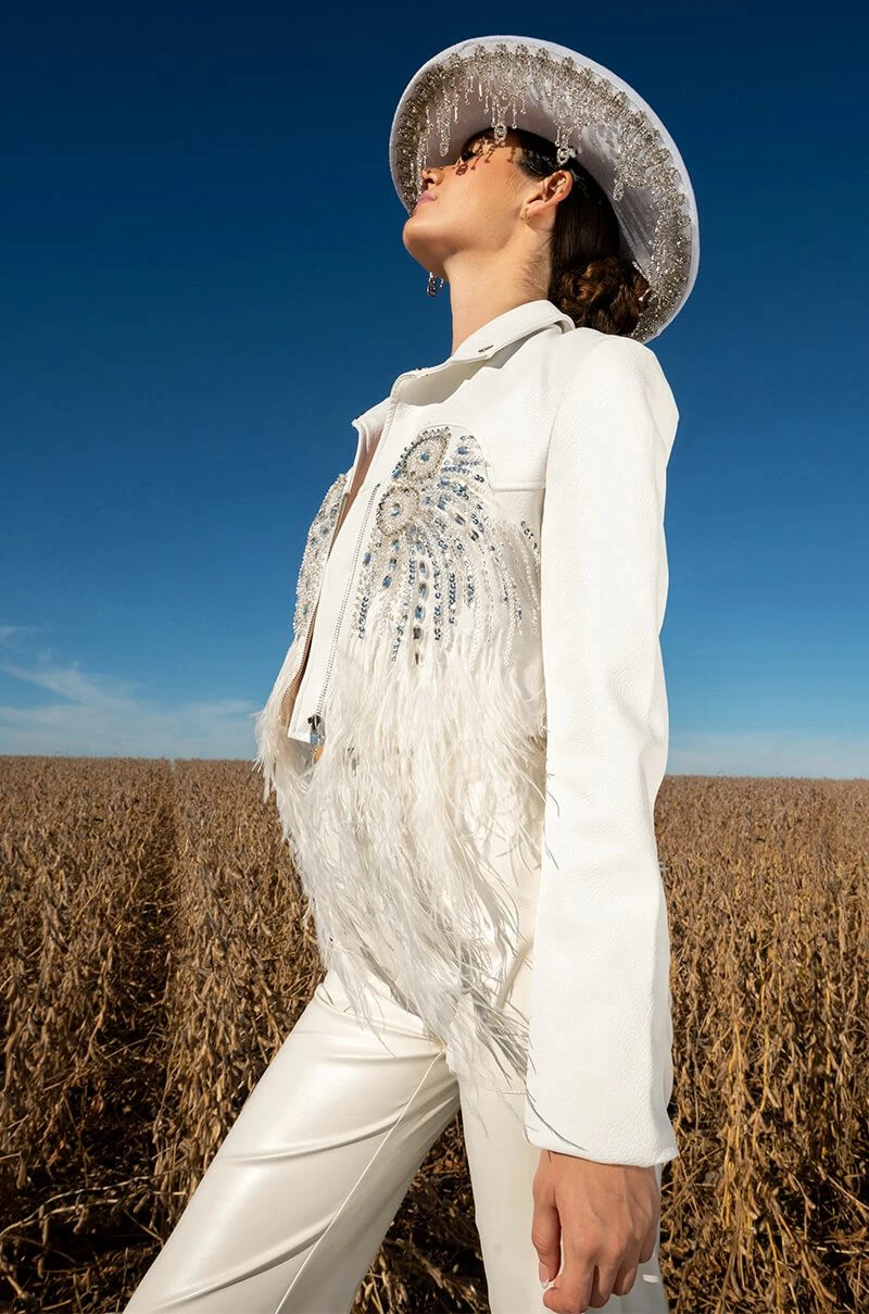 ELEVATED ELEGANCE HAND BEADED FEATHER TRIM MOTO JACKET - Image 2