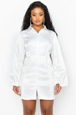 GOLDEN LOOKS BUTTON UP MINI DRESS WITH FASHION SLEEVES -AKIRA Sales Shop golden looks button up mini dress with fashion sleeves white 3 3