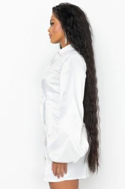 GOLDEN LOOKS BUTTON UP MINI DRESS WITH FASHION SLEEVES -AKIRA Sales Shop golden looks button up mini dress with fashion sleeves white 4 4