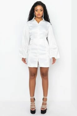 GOLDEN LOOKS BUTTON UP MINI DRESS WITH FASHION SLEEVES -AKIRA Sales Shop golden looks button up mini dress with fashion sleeves white 7 7