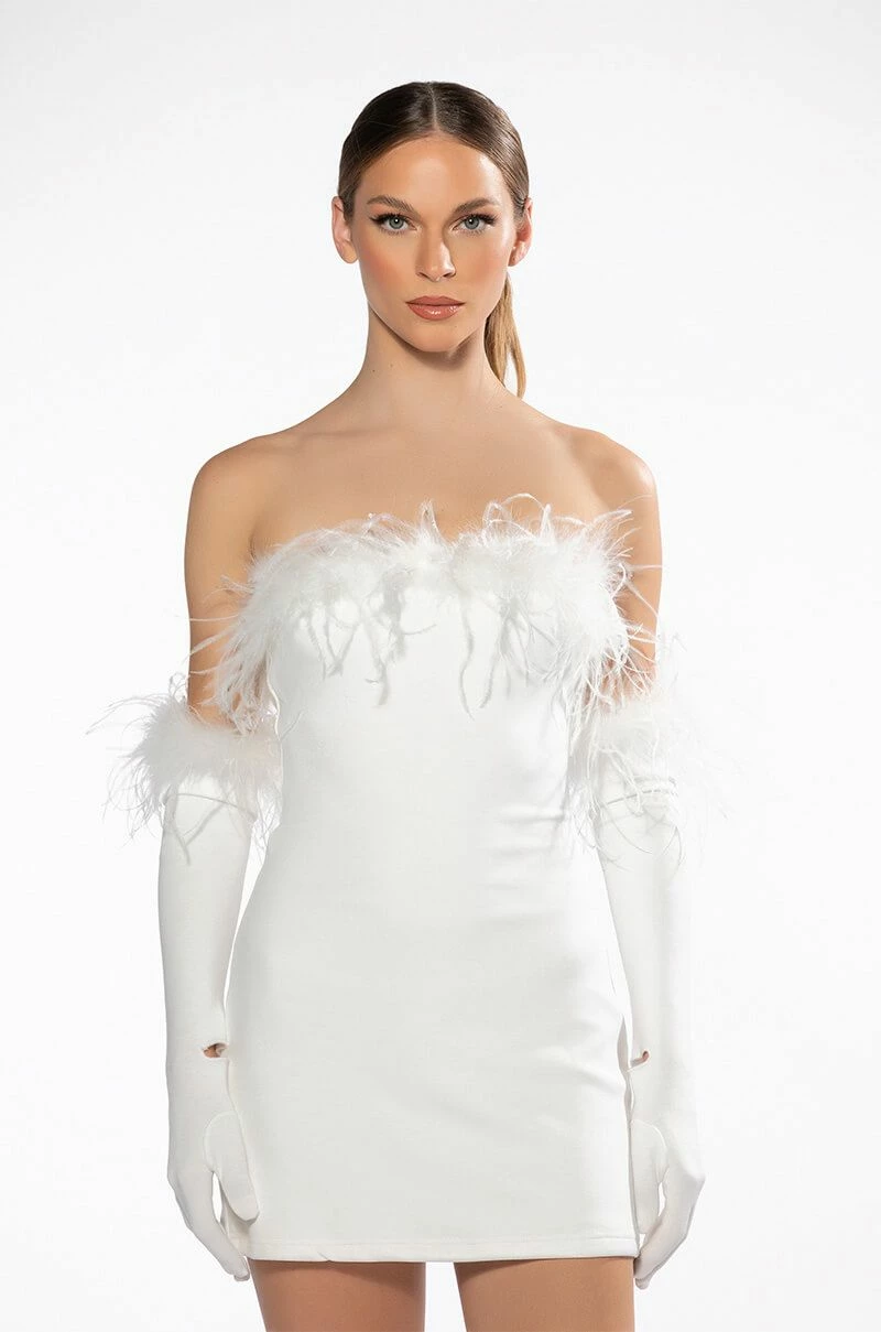 HOLLY FEATHER DETAIL STRAPLESS BODYCON MINI DRESS WITH GLOVES 4 HOLLY FEATHER DETAIL STRAPLESS BODYCON MINI DRESS WITH GLOVES - Image 2