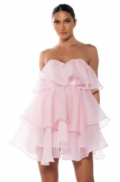 IN MY OWN FAIRYTALE STRAPLESS RUFFLE MINI DRESS IN LIGHT PINK