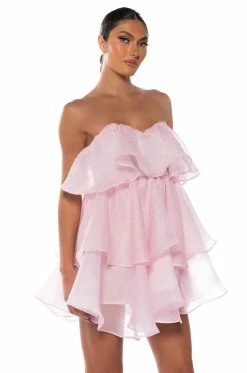 IN MY OWN FAIRYTALE STRAPLESS RUFFLE MINI DRESS IN LIGHT PINK -AKIRA Sales Shop in my own fairytale strapless ruffle mini dress in light pink light pink 3 3