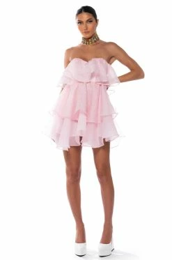 IN MY OWN FAIRYTALE STRAPLESS RUFFLE MINI DRESS IN LIGHT PINK -AKIRA Sales Shop in my own fairytale strapless ruffle mini dress in light pink light pink 5 5