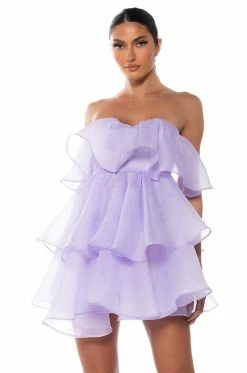 IN MY OWN FAIRYTALE STRAPLESS RUFFLE MINI DRESS IN PURPLE