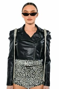 MENELI MOTO WITH RHINESTONE BRAID -AKIRA Sales Shop irresistible puff sleeve moto jacket with rhinestone braid black 4 4