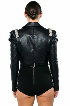 MENELI MOTO WITH RHINESTONE BRAID -AKIRA Sales Shop irresistible puff sleeve moto jacket with rhinestone braid black 6 6