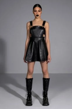 KIARA FAUX LEATHER PINAFORE MINI DRESS 11 KIARA FAUX LEATHER PINAFORE MINI DRESS -AKIRA Sales Shop kiara faux leather pinafore mini dress black 2 2