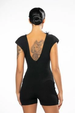 KYANITE FEATHERED ROMPER -AKIRA Sales Shop kyanite feathered romper black 5 5