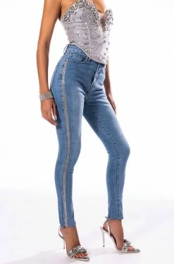 LIFE LIKE THIS RHINESTONE STRIPE SKINNY JEANS