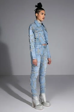 MAKE A WISH RHINESTONE HIGH WAISTED SKINNY JEAN 19 MAKE A WISH RHINESTONE HIGH WAISTED SKINNY JEAN -AKIRA Sales Shop make a wish rhinestone high waisted skinny jean light blue denim 4 4