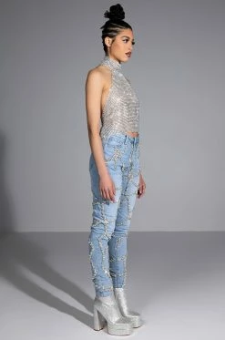 MAKE A WISH RHINESTONE HIGH WAISTED SKINNY JEAN 21 MAKE A WISH RHINESTONE HIGH WAISTED SKINNY JEAN -AKIRA Sales Shop make a wish rhinestone high waisted skinny jean light blue denim 6 6