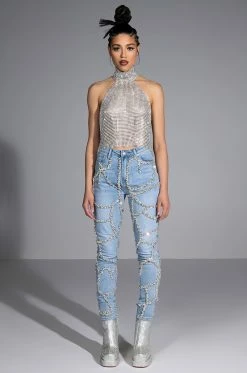MAKE A WISH RHINESTONE HIGH WAISTED SKINNY JEAN 22 MAKE A WISH RHINESTONE HIGH WAISTED SKINNY JEAN -AKIRA Sales Shop make a wish rhinestone high waisted skinny jean light blue denim 7 7