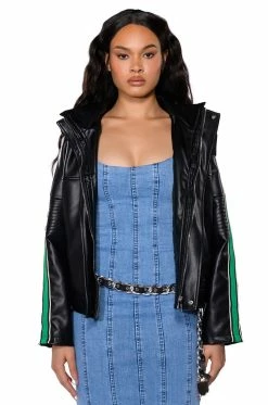ON YOUR MARKS FAUX LEATHER HOODED JACKET