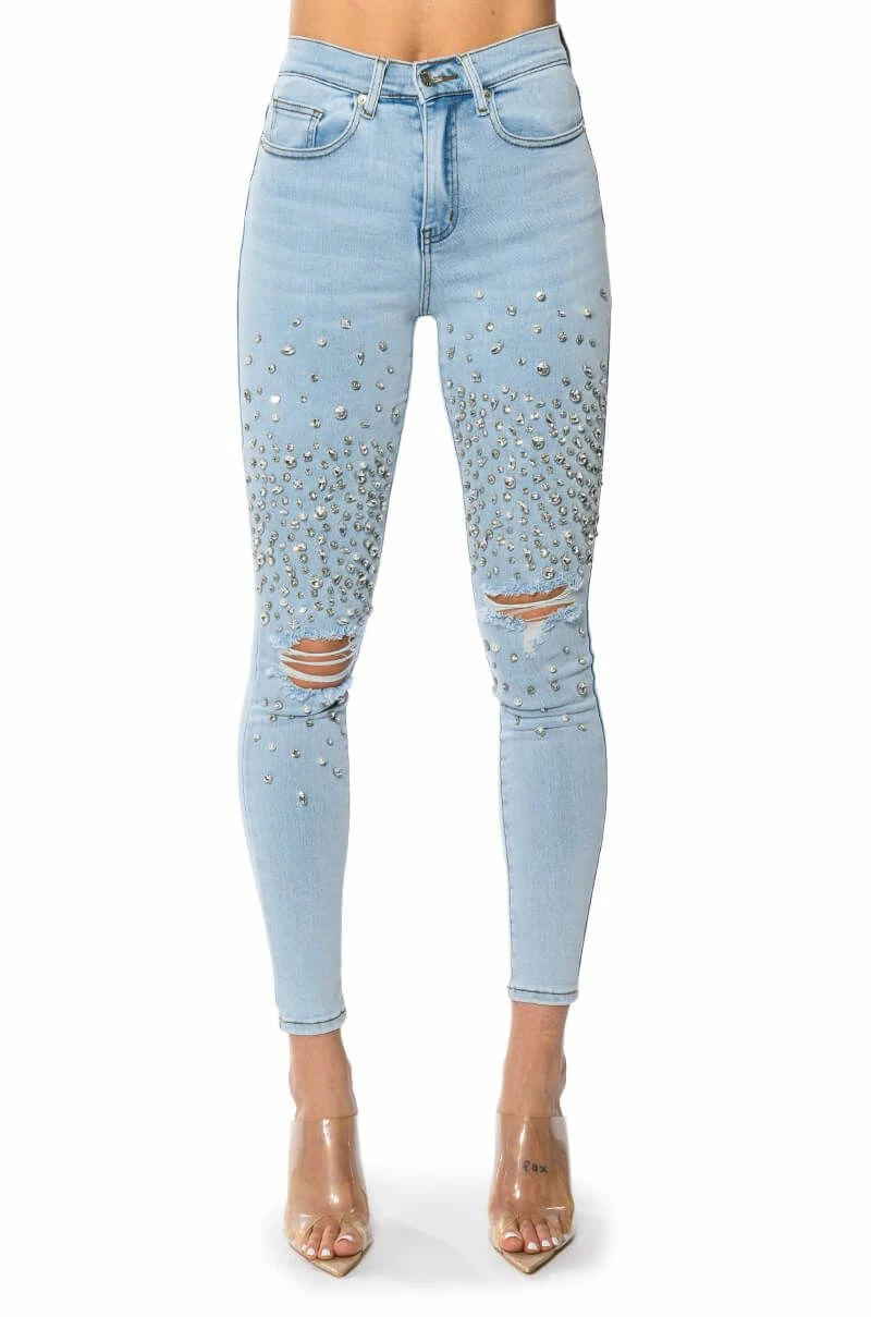 OUTTA THIS WORLD DISTRESSED RHINESTONE HIGH RISE SKINNY JEANS - Image 5