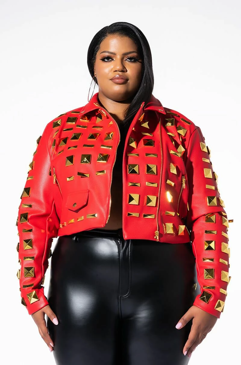 PLUS AZALEA WANG BACKSTAGE MOTO JACKET WITH OVERSIZED SQUARE STUDS - Image 4