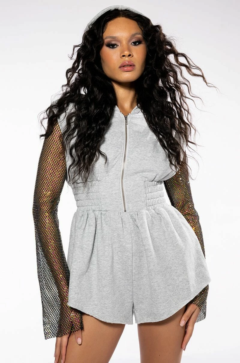 RIDE OR DIE RHINESTONE SLEEVE HOODED ROMPER