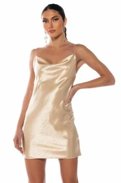 ROMANCE LIVES ON COWL NECK MINI DRESS IN LIGHT BROWN