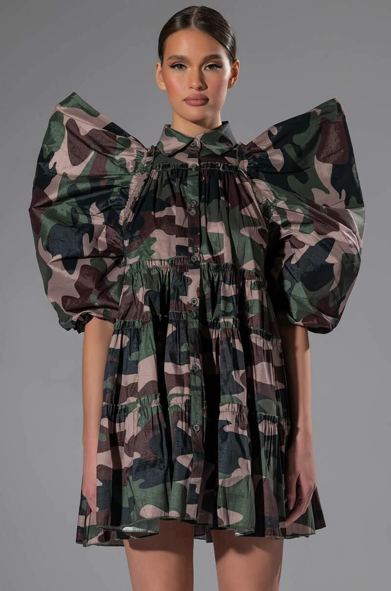 RUFFLE SLEEVE CAMO PRINT TRAPEZE MINI DRESS 3 RUFFLE SLEEVE CAMO PRINT TRAPEZE MINI DRESS