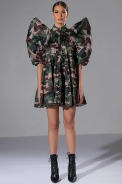 RUFFLE SLEEVE CAMO PRINT TRAPEZE MINI DRESS 11 RUFFLE SLEEVE CAMO PRINT TRAPEZE MINI DRESS -AKIRA Sales Shop ruffle sleeve camo print trapeze mini dress camo 3 3