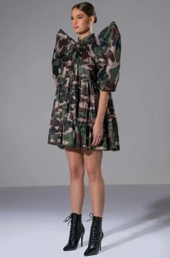 RUFFLE SLEEVE CAMO PRINT TRAPEZE MINI DRESS 12 RUFFLE SLEEVE CAMO PRINT TRAPEZE MINI DRESS -AKIRA Sales Shop ruffle sleeve camo print trapeze mini dress camo 4 4