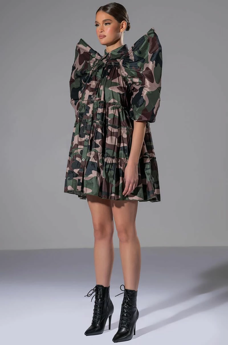 RUFFLE SLEEVE CAMO PRINT TRAPEZE MINI DRESS 6 RUFFLE SLEEVE CAMO PRINT TRAPEZE MINI DRESS - Image 4