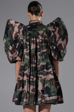 RUFFLE SLEEVE CAMO PRINT TRAPEZE MINI DRESS 14 RUFFLE SLEEVE CAMO PRINT TRAPEZE MINI DRESS -AKIRA Sales Shop ruffle sleeve camo print trapeze mini dress camo 6 6