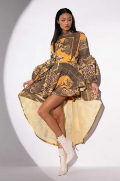 SCARF PRINT HIGH LOW LONG SLEEVE MINI DRESS