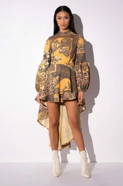 SCARF PRINT HIGH LOW LONG SLEEVE MINI DRESS 12 SCARF PRINT HIGH LOW LONG SLEEVE MINI DRESS -AKIRA Sales Shop scarf print high low long sleeve mini dress mustard 4 4