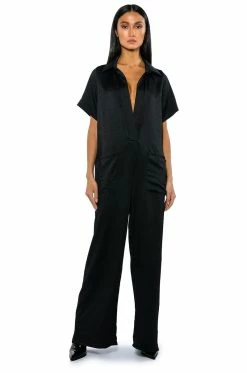 SILENT DREAMER SHORT SLEEVE SATIN JUMPSUIT -AKIRA Sales Shop silent dreamer short sleeve satin jumpsuit black 3 3