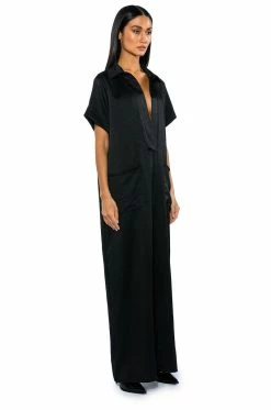 SILENT DREAMER SHORT SLEEVE SATIN JUMPSUIT -AKIRA Sales Shop silent dreamer short sleeve satin jumpsuit black 4 4