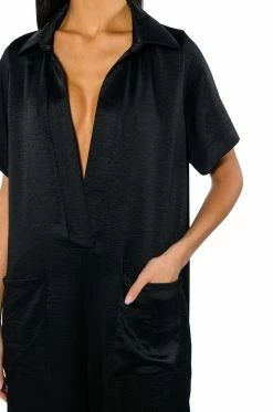 SILENT DREAMER SHORT SLEEVE SATIN JUMPSUIT -AKIRA Sales Shop silent dreamer short sleeve satin jumpsuit black 7 7