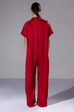 SILENT DREAMER SHORT SLEEVE SATIN JUMPSUIT -AKIRA Sales Shop silent dreamer short sleeve satin jumpsuit red 4 4