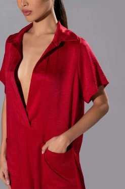 SILENT DREAMER SHORT SLEEVE SATIN JUMPSUIT -AKIRA Sales Shop silent dreamer short sleeve satin jumpsuit red 5 5