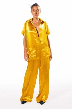 SILENT DREAMER SHORT SLEEVE SATIN JUMPSUIT 10 SILENT DREAMER SHORT SLEEVE SATIN JUMPSUIT -AKIRA Sales Shop silent dreamer short sleeve satin jumpsuit yellow 3 3
