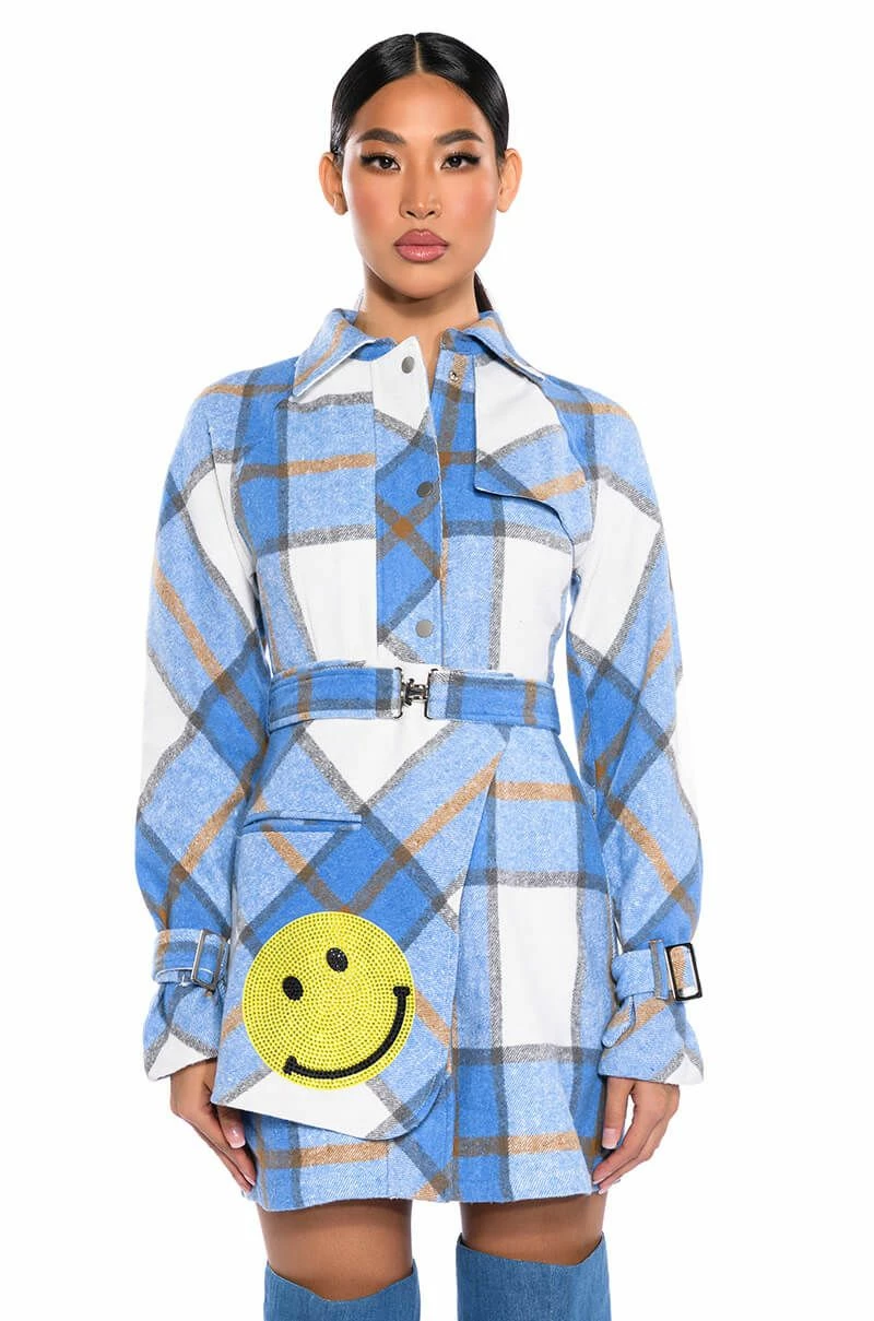 SMILEY EMBELLISHED PATCH FLANNEL TRENCH MINI DRESS 3 SMILEY EMBELLISHED PATCH FLANNEL TRENCH MINI DRESS
