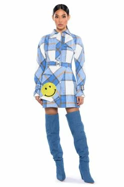 SMILEY EMBELLISHED PATCH FLANNEL TRENCH MINI DRESS 12 SMILEY EMBELLISHED PATCH FLANNEL TRENCH MINI DRESS -AKIRA Sales Shop smiley embellished patch flannel trench mini dress blue multi 3 3