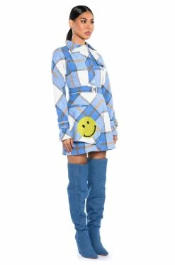 SMILEY EMBELLISHED PATCH FLANNEL TRENCH MINI DRESS 13 SMILEY EMBELLISHED PATCH FLANNEL TRENCH MINI DRESS -AKIRA Sales Shop smiley embellished patch flannel trench mini dress blue multi 4 4